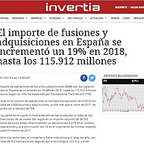 El importe de fusiones y adquisiciones en Espaa se increment un 19% en 2018, hasta los 115.912 millones